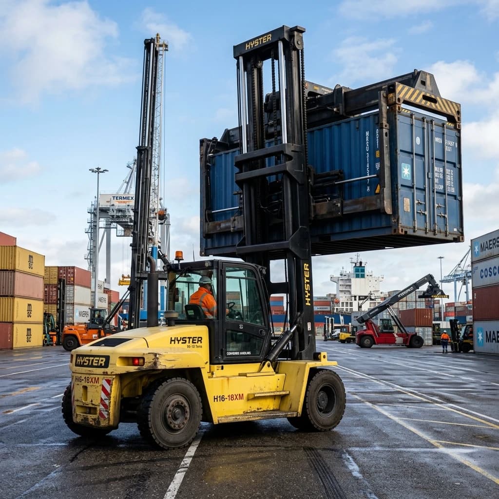 Heavy-duty 16-ton to 18-ton forklift handling general cargo and containers at terminal
