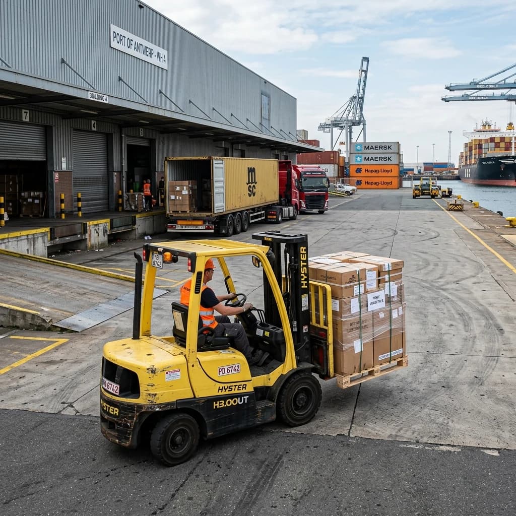 Industrial 3-ton to 5-ton forklift handling palletized and bagged cargo near warehouse