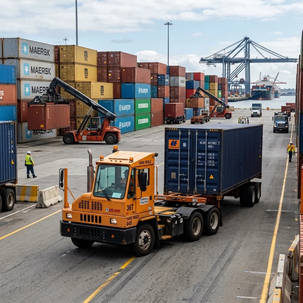 36-ton terminal tractor moving cargo trailers within port terminal