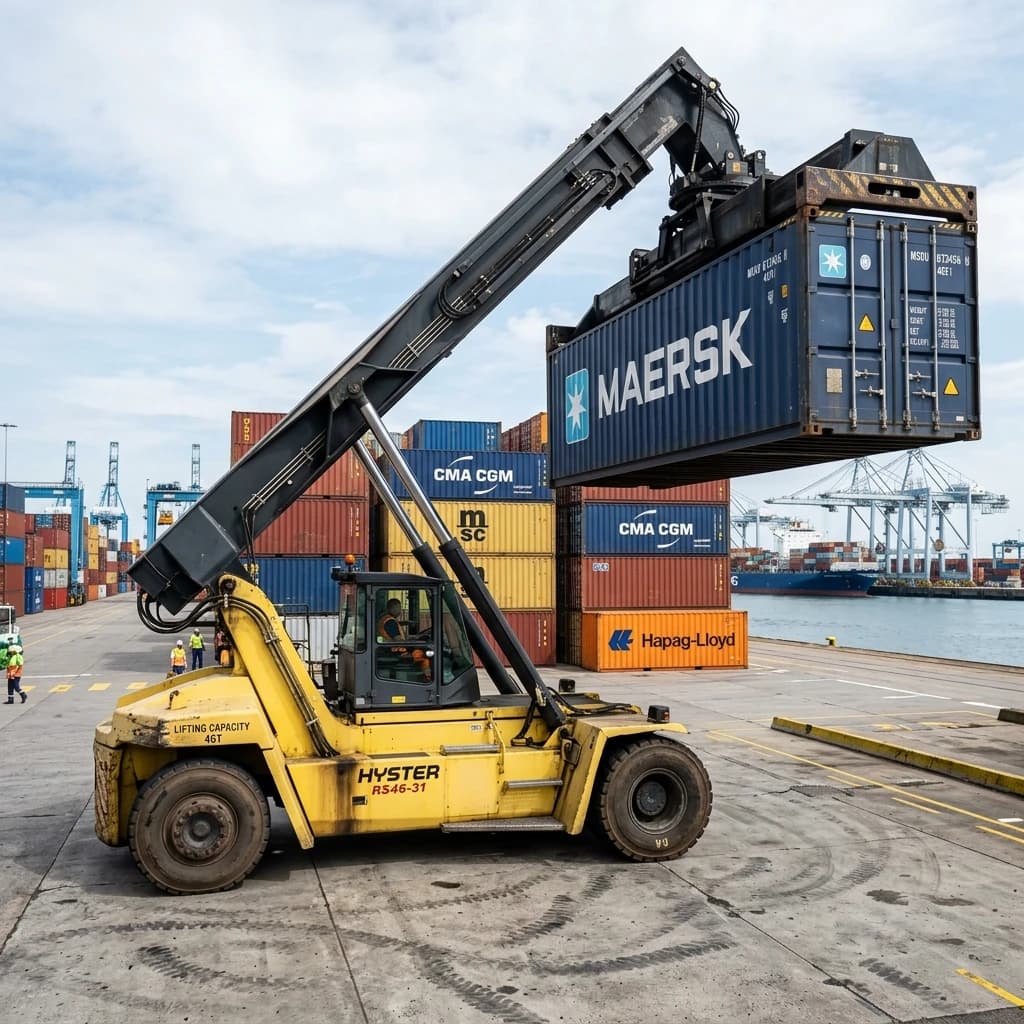 46-ton reach stacker (RST) lifting a laden shipping container in a container terminal