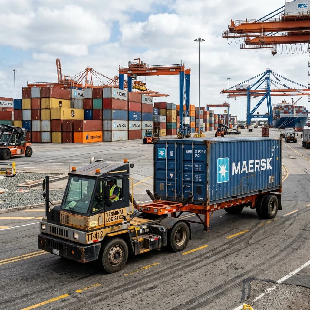 Terminal trailer (TTL) carrying shipping containers within port terminal areas