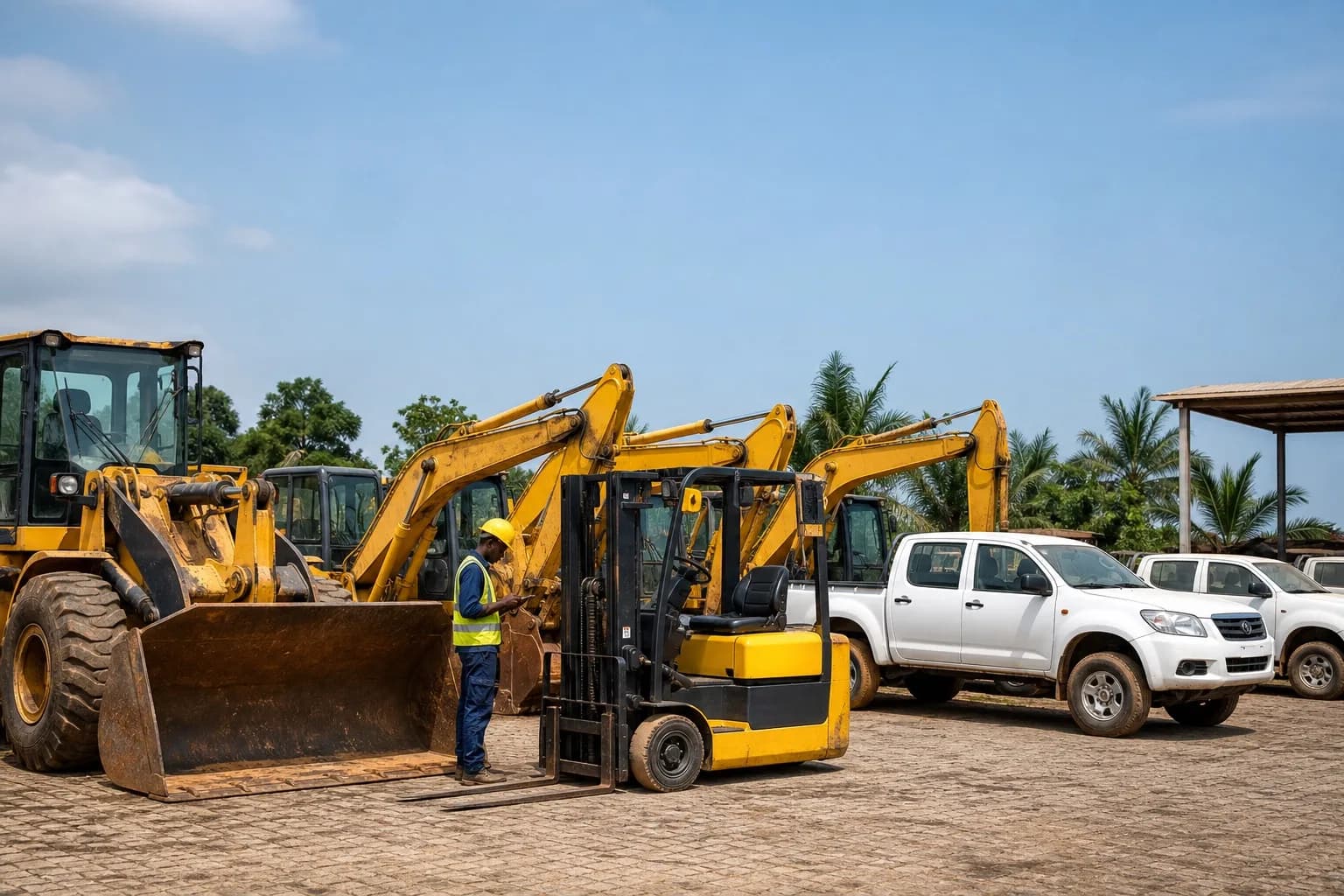 Industrial transport vehicles and port equipment ready for fleet dispatch