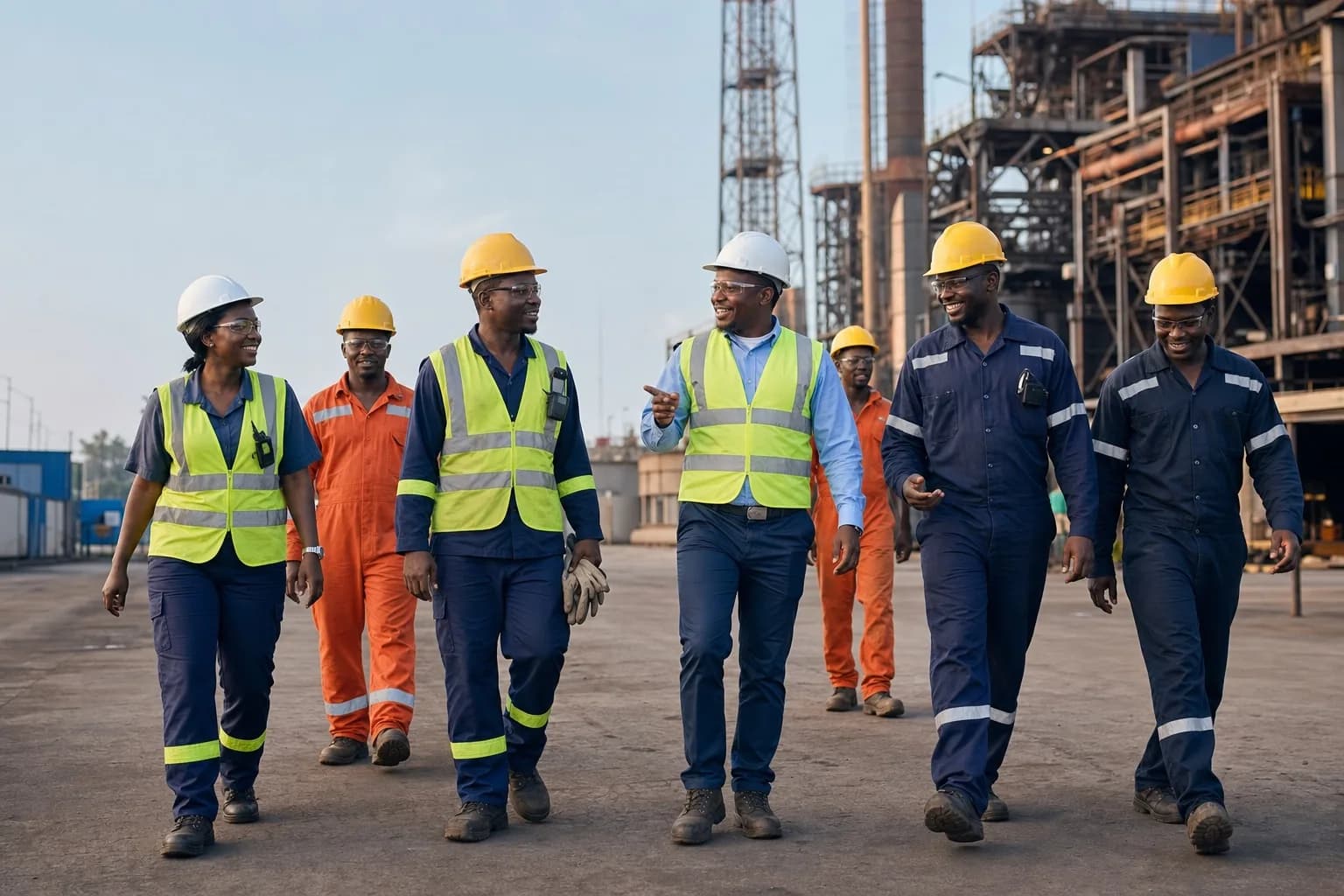 Industrial site workforce crew equipped with safety gear for field operations